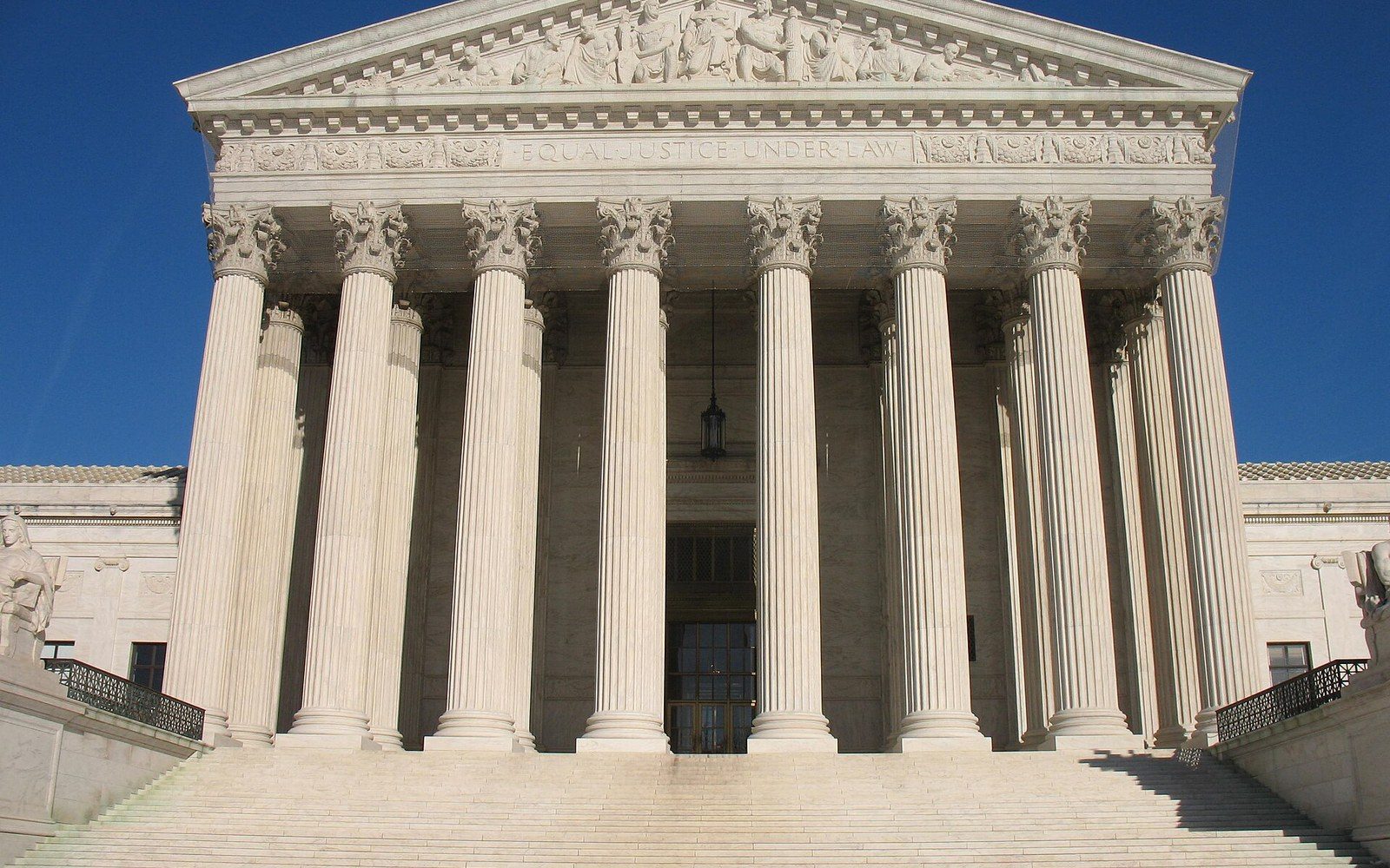 Marble columns and pediment inscribed "Equal Justice Under Law" at the Supreme Court building