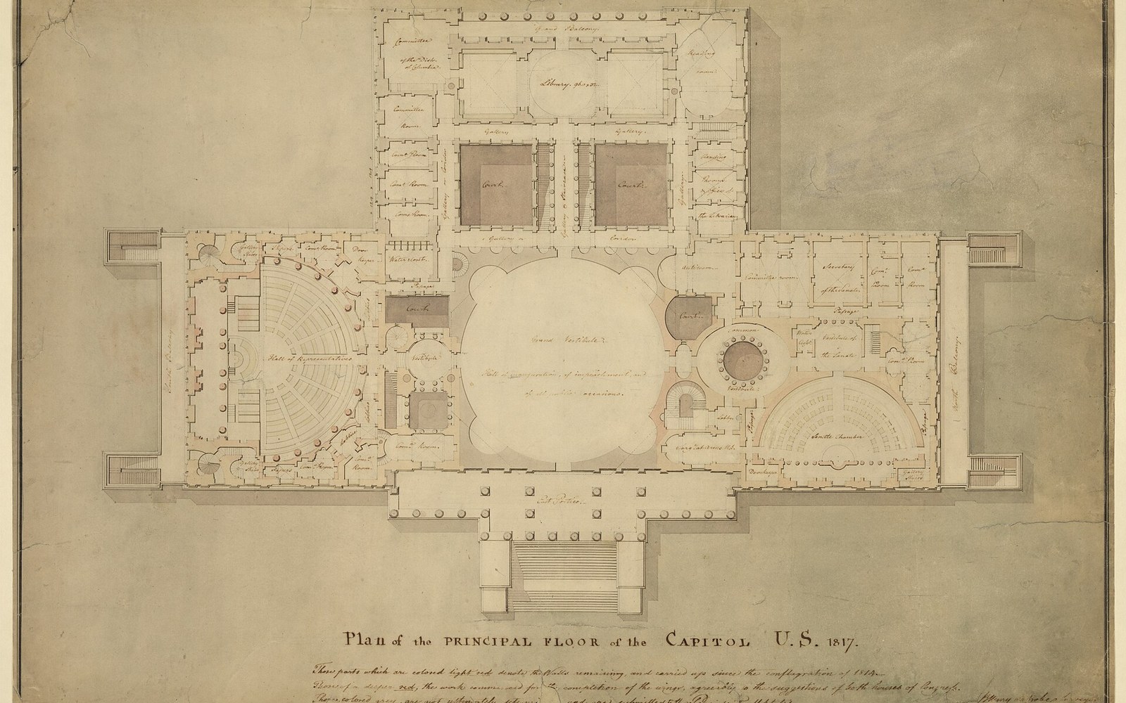 Architectural floor plan of the U.S. Capitol's principal floor, dated 1817