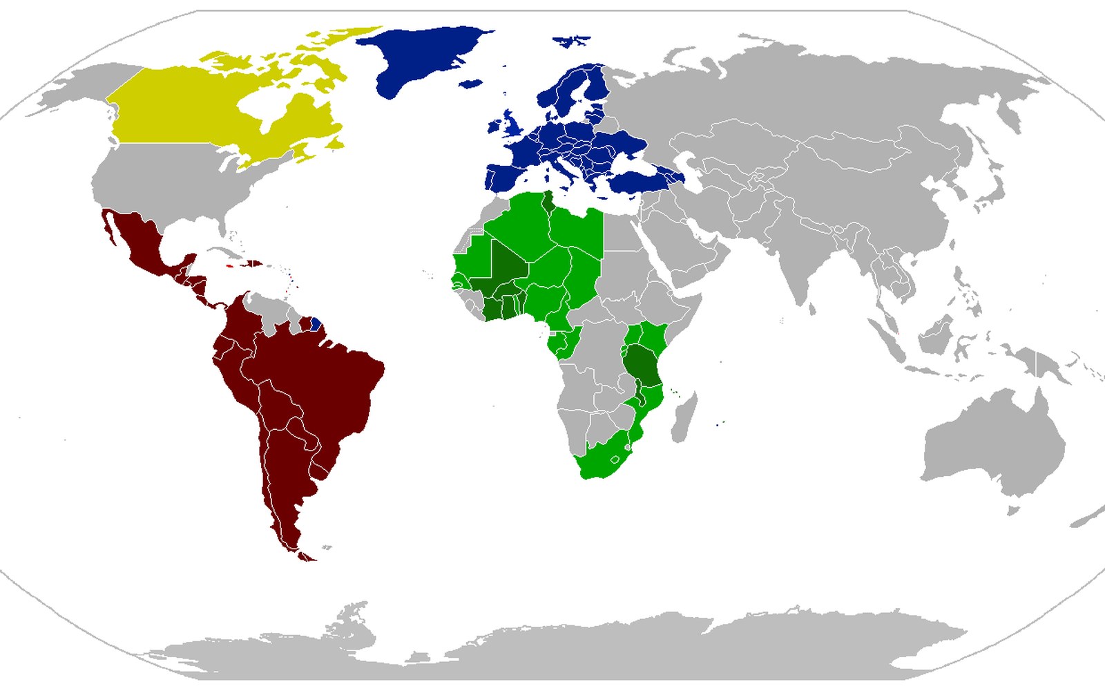 World map with countries color-coded by continent in yellow, blue, green and dark red